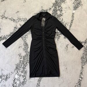 19 Cooper Dress Womens Size XS Black Ruched Bodycon Collared Button Up